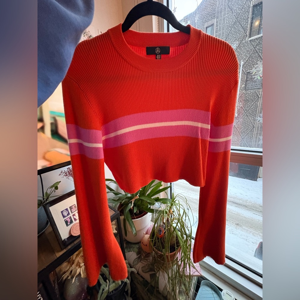 Bright Orange and Pink Striped Cropped Bell-Sleeve Sweater